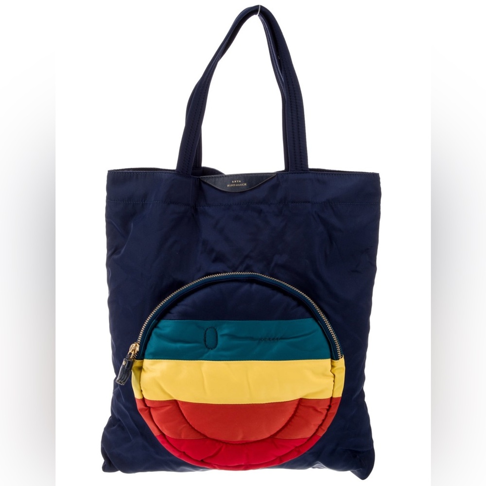 Anya Hindmarch Striped Smiley Wink Face Nylon Blue Tote Bag EUC
